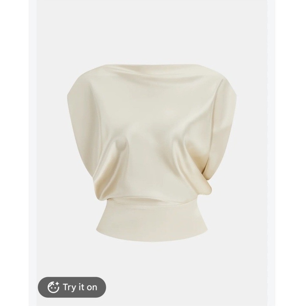 COMMENSE Satin Draped Top Champagne Cream Boat Neck Dolman Sleeve Large NWT